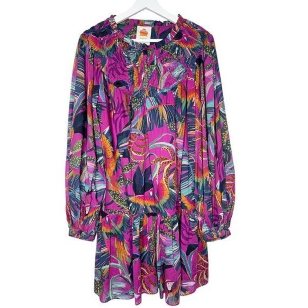 FARM Rio Rainbow Macaws Mini Dress Balloon Sleeves Cotton Dress Size Medium - Picture 3 of 10